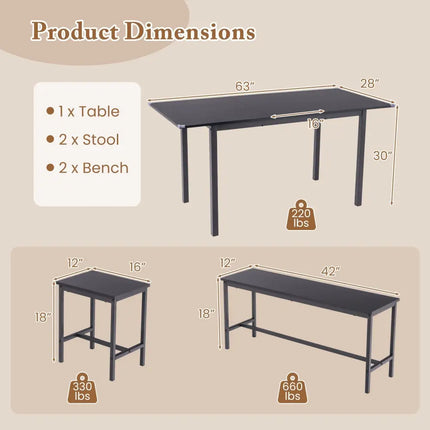 5 Piece Dining Table Set for 4-6 with 2 Benches & 2 Stools for Kitchen Dining Room-Black Costway