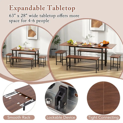 5 Piece Dining Table Set for 4-6 with 2 Benches & 2 Stools for Kitchen Dining Room-Walnut Costway