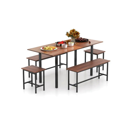 5 Piece Dining Table Set for 4-6 with 2 Benches & 2 Stools for Kitchen Dining Room-Walnut Costway