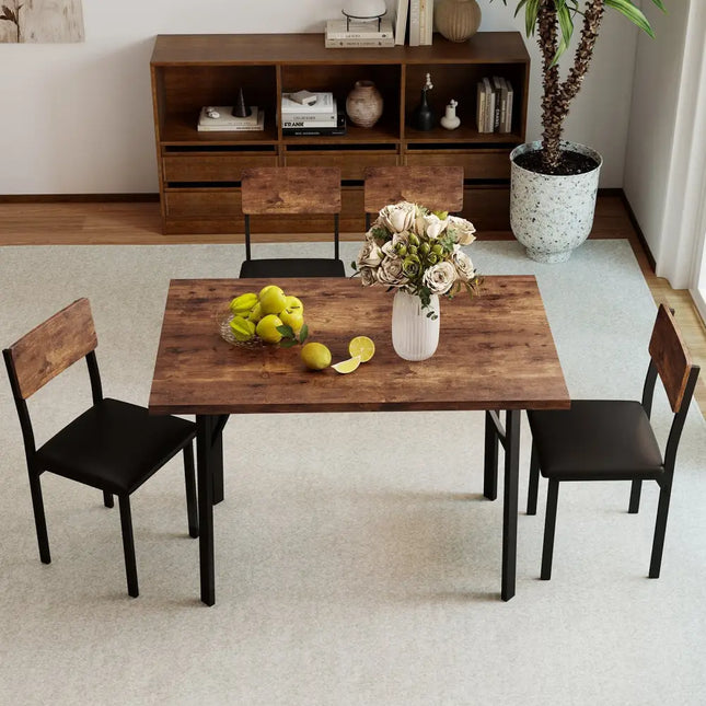 5-Piece Dining Table Set for 4 People Industrial Kitchen Table and 4 PU Leather Chairs-Brown Costway