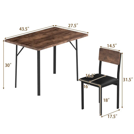 5-Piece Dining Table Set for 4 People Industrial Kitchen Table and 4 PU Leather Chairs-Brown Costway