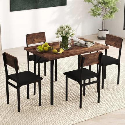 5-Piece Dining Table Set for 4 People Industrial Kitchen Table and 4 PU Leather Chairs-Brown Costway