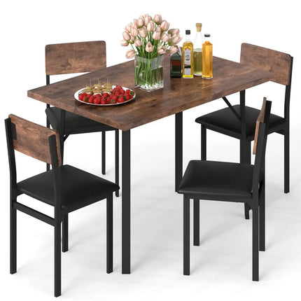5-Piece Dining Table Set for 4 People Industrial Kitchen Table and 4 PU Leather Chairs-Brown Costway