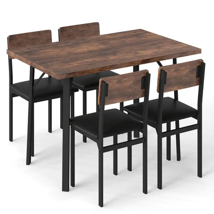 5-Piece Dining Table Set for 4 People Industrial Kitchen Table and 4 PU Leather Chairs-Brown Costway