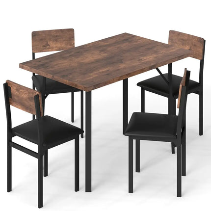 5-Piece Dining Table Set for 4 People Industrial Kitchen Table and 4 PU Leather Chairs-Brown Costway