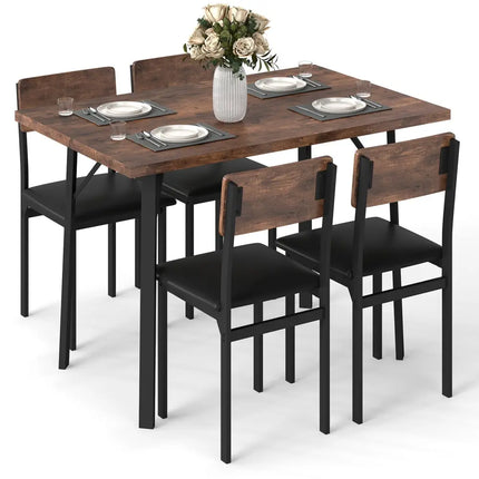 5-Piece Dining Table Set for 4 People Industrial Kitchen Table and 4 PU Leather Chairs-Brown Costway
