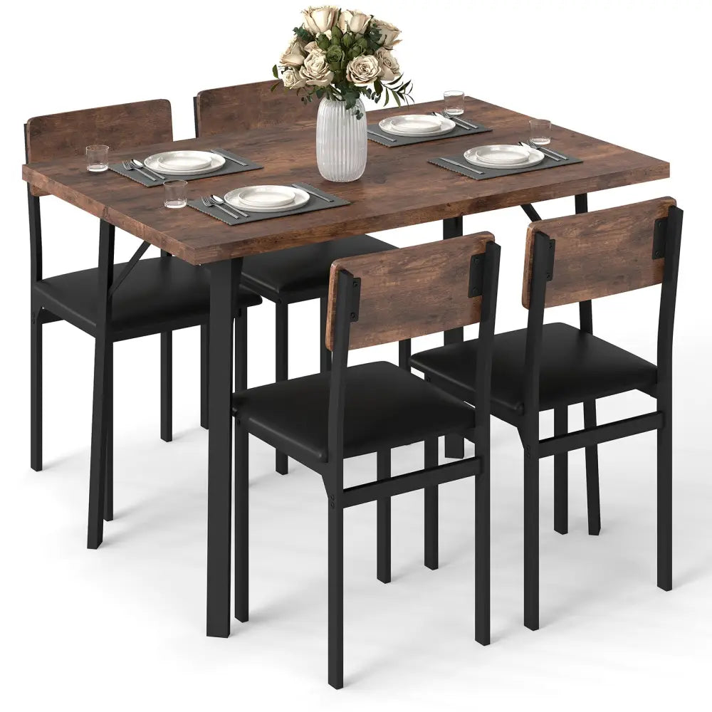 5-Piece Dining Table Set for 4 People Industrial Kitchen Table and 4 PU Leather Chairs-Brown - Brown - Dining Room Sets