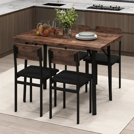 5-Piece Dining Table Set for 4 People Industrial Kitchen Table and 4 PU Leather Chairs-Brown Costway