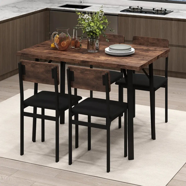 5-Piece Dining Table Set for 4 People Industrial Kitchen Table and 4 PU Leather Chairs-Brown Costway