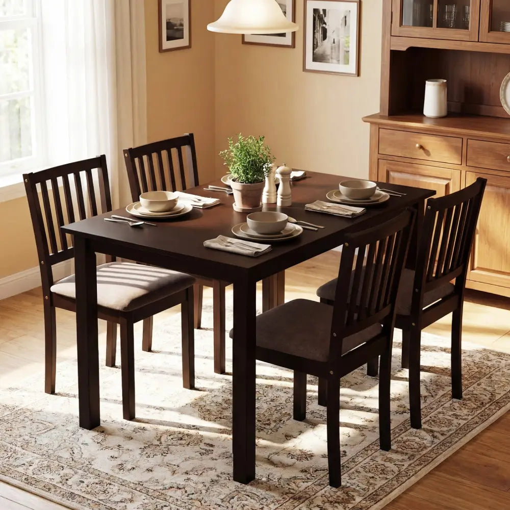 5-Piece Dining Table Set for 4 Rectangular Kitchen Table with 4 Upholstered Chairs-Dark Brown - Dark Brown - Dining