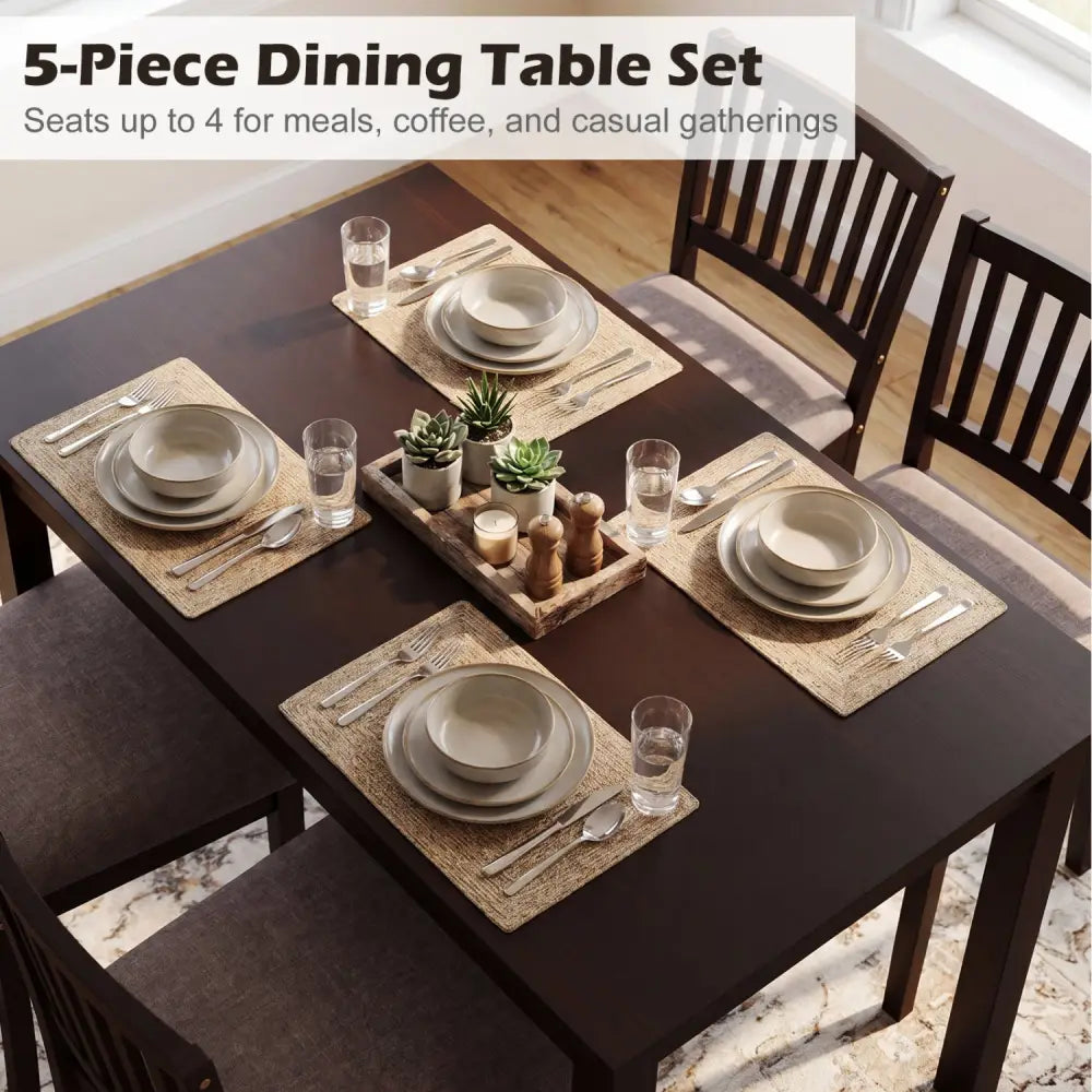 5-Piece Dining Table Set for 4 Rectangular Kitchen Table with 4 Upholstered Chairs-Dark Brown - Dark Brown - Dining