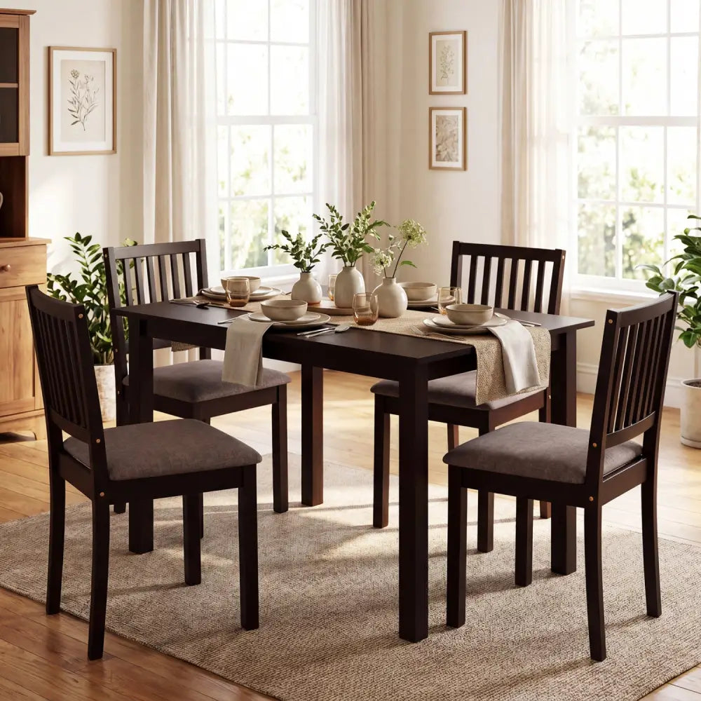 5-Piece Dining Table Set for 4 Rectangular Kitchen Table with 4 Upholstered Chairs-Dark Brown - Dark Brown - Dining