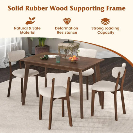5-Piece Dining Table Set for 4 with Rubber Wood Frame and Padded Set-Brown Costway