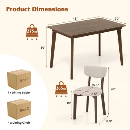5-Piece Dining Table Set for 4 with Rubber Wood Frame and Padded Set-Brown Costway