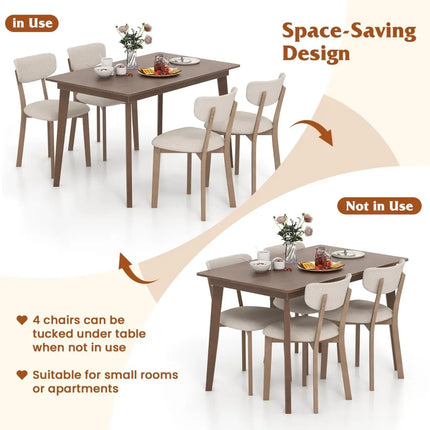 5-Piece Dining Table Set for 4 with Rubber Wood Frame and Padded Set-Brown Costway