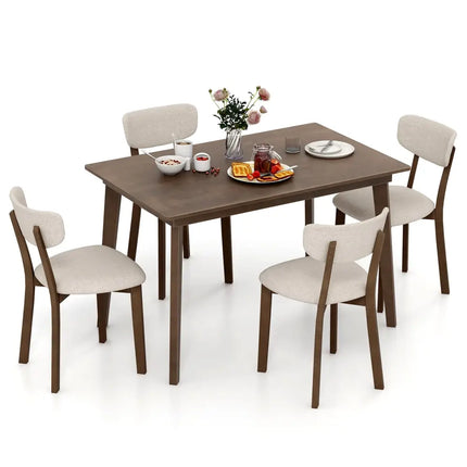 5-Piece Dining Table Set for 4 with Rubber Wood Frame and Padded Set-Brown Costway