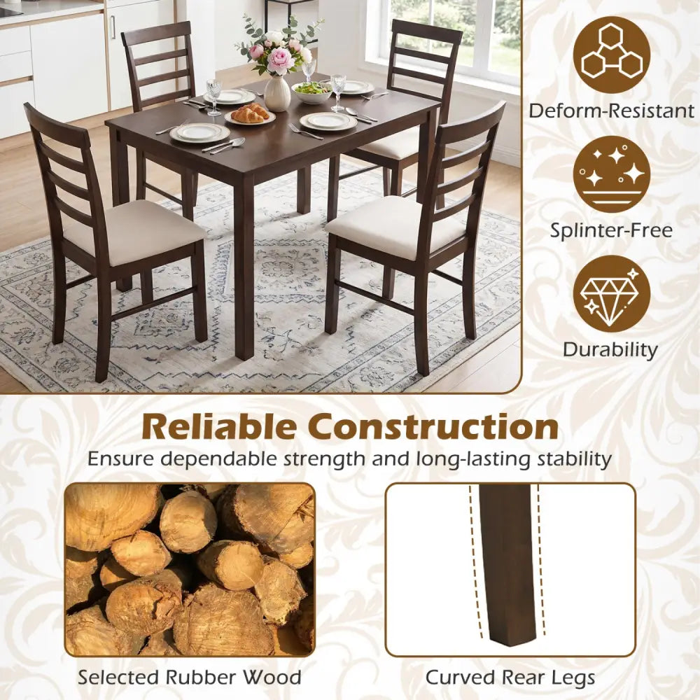 5-Piece Dining Table Set for 4 with Upholstered Chairs for Small Space and Dining Room-Brown - Brown - Dining Room Sets