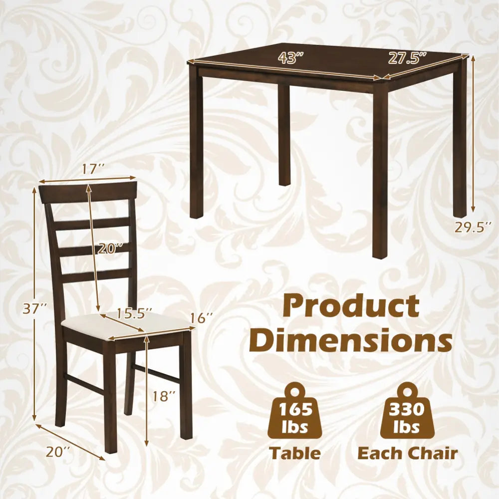 5-Piece Dining Table Set for 4 with Upholstered Chairs for Small Space and Dining Room-Brown - Brown - Dining Room Sets