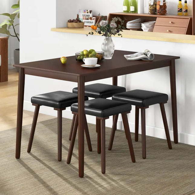 5 Piece Dining Table Set for 4 with 4 Upholstered Stools and Rubber Wood Legs-Brown Costway