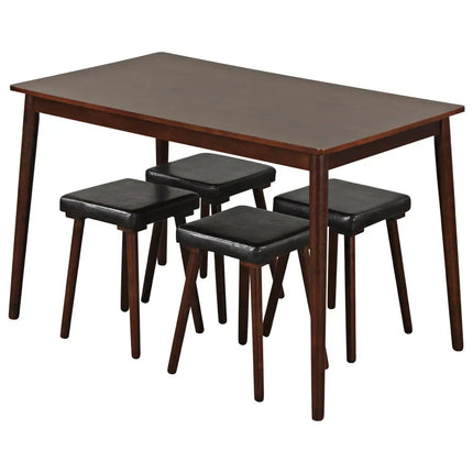 5 Piece Dining Table Set for 4 with 4 Upholstered Stools and Rubber Wood Legs-Brown Costway