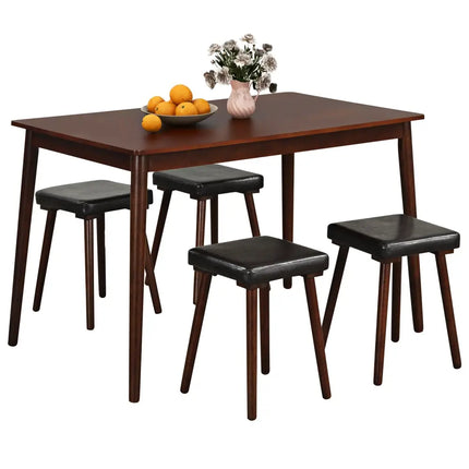 5 Piece Dining Table Set for 4 with 4 Upholstered Stools and Rubber Wood Legs-Brown Costway
