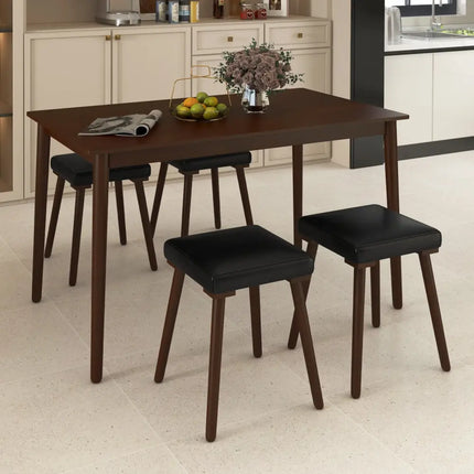 5 Piece Dining Table Set for 4 with 4 Upholstered Stools and Rubber Wood Legs-Brown Costway