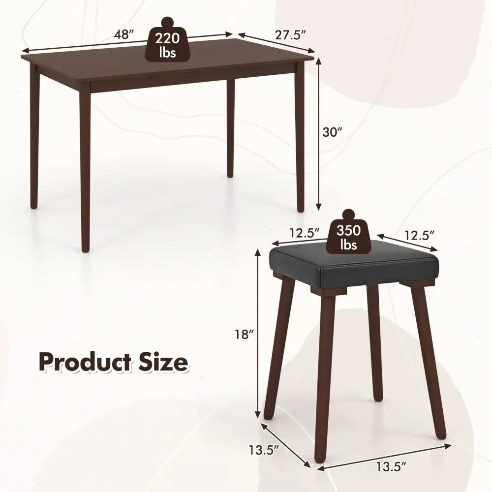 5 Piece Dining Table Set for 4 with 4 Upholstered Stools and Rubber Wood Legs-Brown - Brown - Dining Room Sets