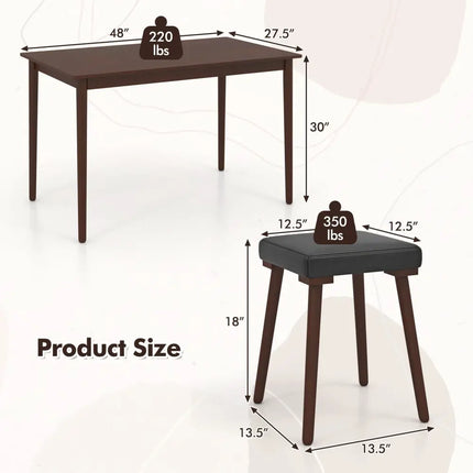 5 Piece Dining Table Set for 4 with 4 Upholstered Stools and Rubber Wood Legs-Brown Costway