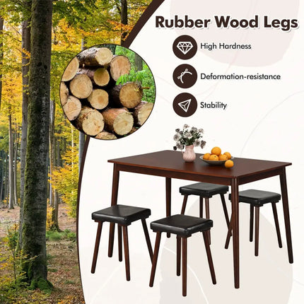 5 Piece Dining Table Set for 4 with 4 Upholstered Stools and Rubber Wood Legs-Brown Costway