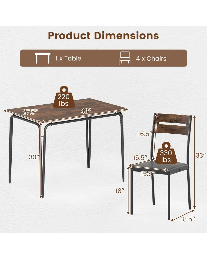 5-Piece Dining Table Set Industrial Rectangular Kitchen Table and 4 Armless Chairs-Rustic Brown - Rustic Brown - Dining