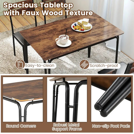 5-Piece Dining Table Set Industrial Rectangular Kitchen Table and 4 Armless Chairs-Rustic Brown Costway