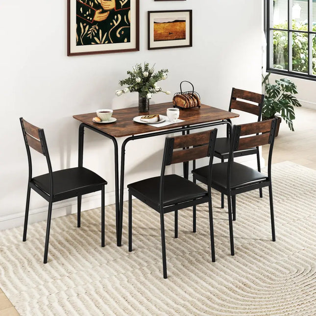 5-Piece Dining Table Set Industrial Rectangular Kitchen Table and 4 Armless Chairs-Rustic Brown Costway