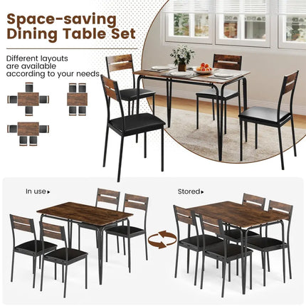 5-Piece Dining Table Set Industrial Rectangular Kitchen Table and 4 Armless Chairs-Rustic Brown Costway