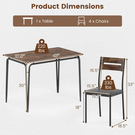 5-Piece Dining Table Set Industrial Rectangular Kitchen Table and 4 Armless Chairs-Rustic Brown Costway