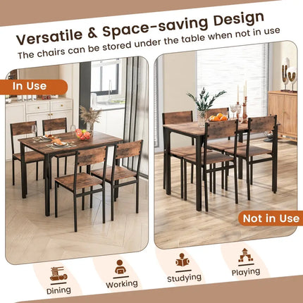 5 Piece Dining Table Set Industrial Style Kitchen Table and Chairs for 4-Rustic Brown Costway
