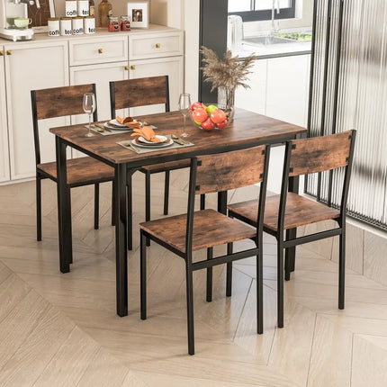 5 Piece Dining Table Set Industrial Style Kitchen Table and Chairs for 4-Rustic Brown Costway