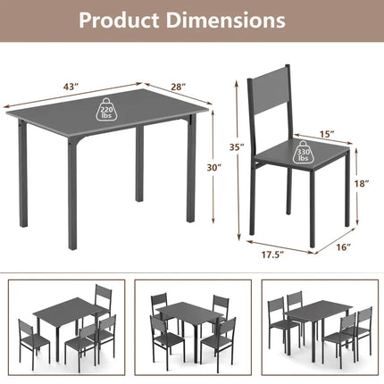5 Piece Dining Table Set Industrial Style Kitchen Table and Chairs for 4-Grey Costway