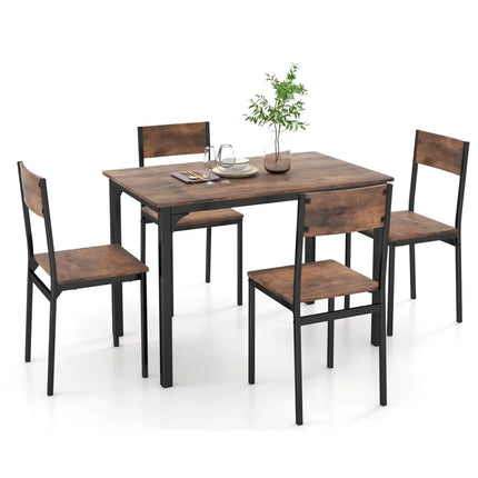 5 Piece Dining Table Set Industrial Style Kitchen Table and Chairs for 4-Rustic Brown Costway
