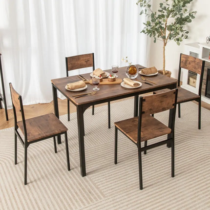 5 Piece Dining Table Set Industrial Style Kitchen Table and Chairs for 4-Rustic Brown Costway