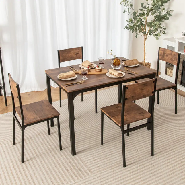 5 Piece Dining Table Set Industrial Style Kitchen Table and Chairs for 4-Rustic Brown Costway