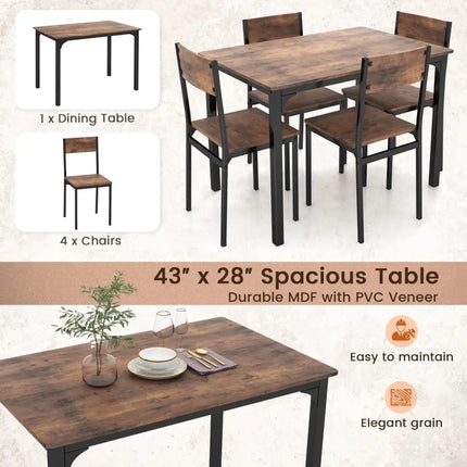 5 Piece Dining Table Set Industrial Style Kitchen Table and Chairs for 4-Rustic Brown Costway