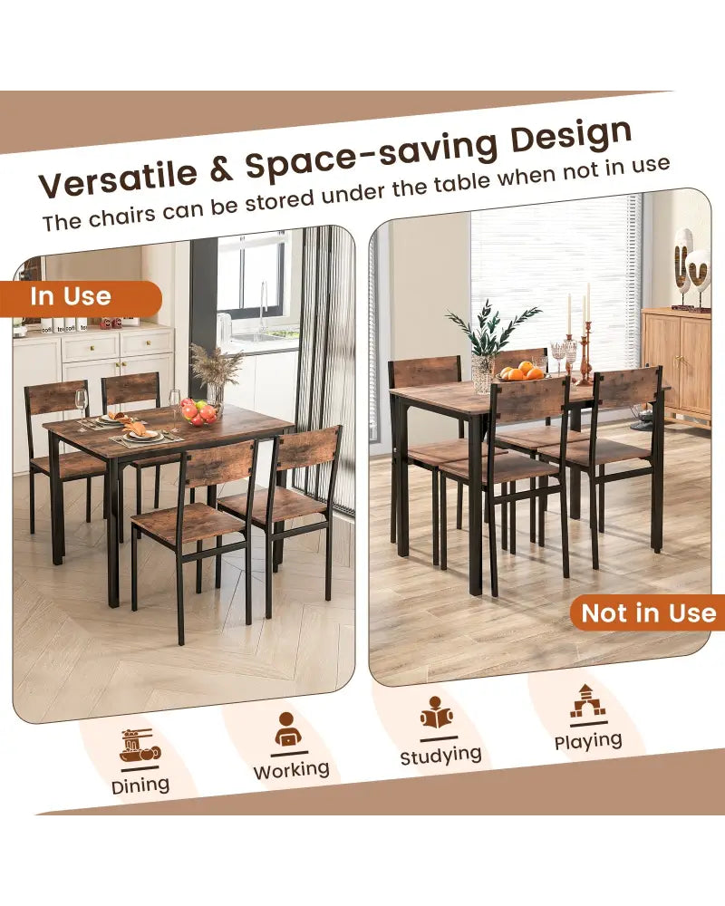 5 Piece Dining Table Set Industrial Style Kitchen Table and Chairs for 4-Rustic Brown - Rustic Brown - Dining Room Sets