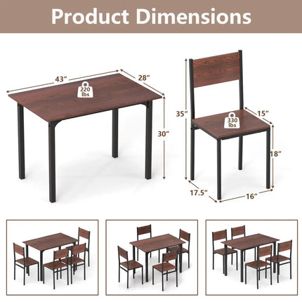 5 Piece Dining Table Set Industrial Style Kitchen Table and Chairs for 4-Walnut Costway