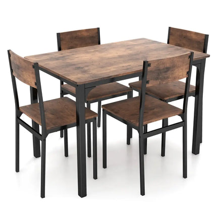 5 Piece Dining Table Set Industrial Style Kitchen Table and Chairs for 4-Rustic Brown Costway