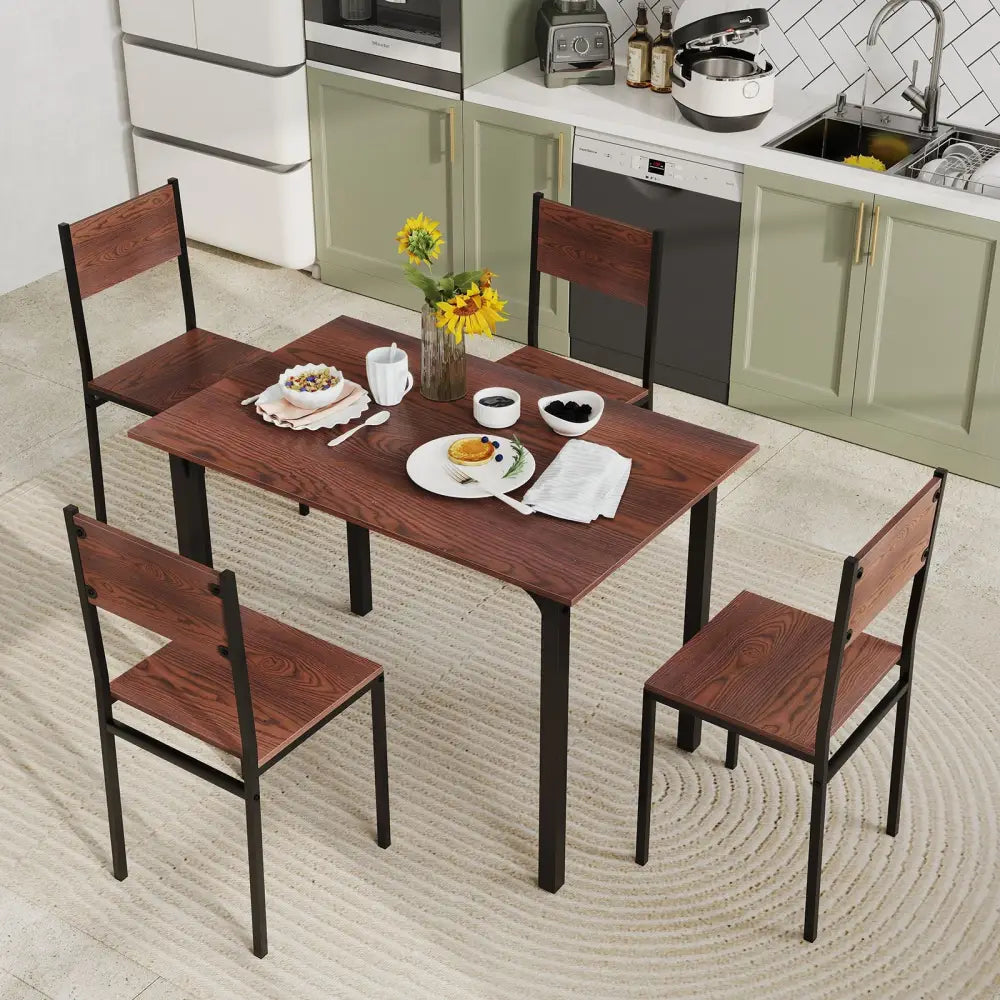 5 Piece Dining Table Set Industrial Style Kitchen Table and Chairs for 4-Walnut - Walnut - Dining Room Sets