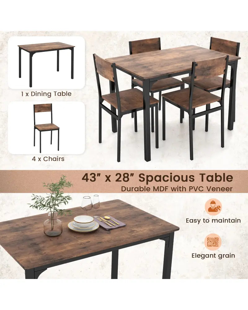5 Piece Dining Table Set Industrial Style Kitchen Table and Chairs for 4-Rustic Brown - Rustic Brown - Dining Room Sets