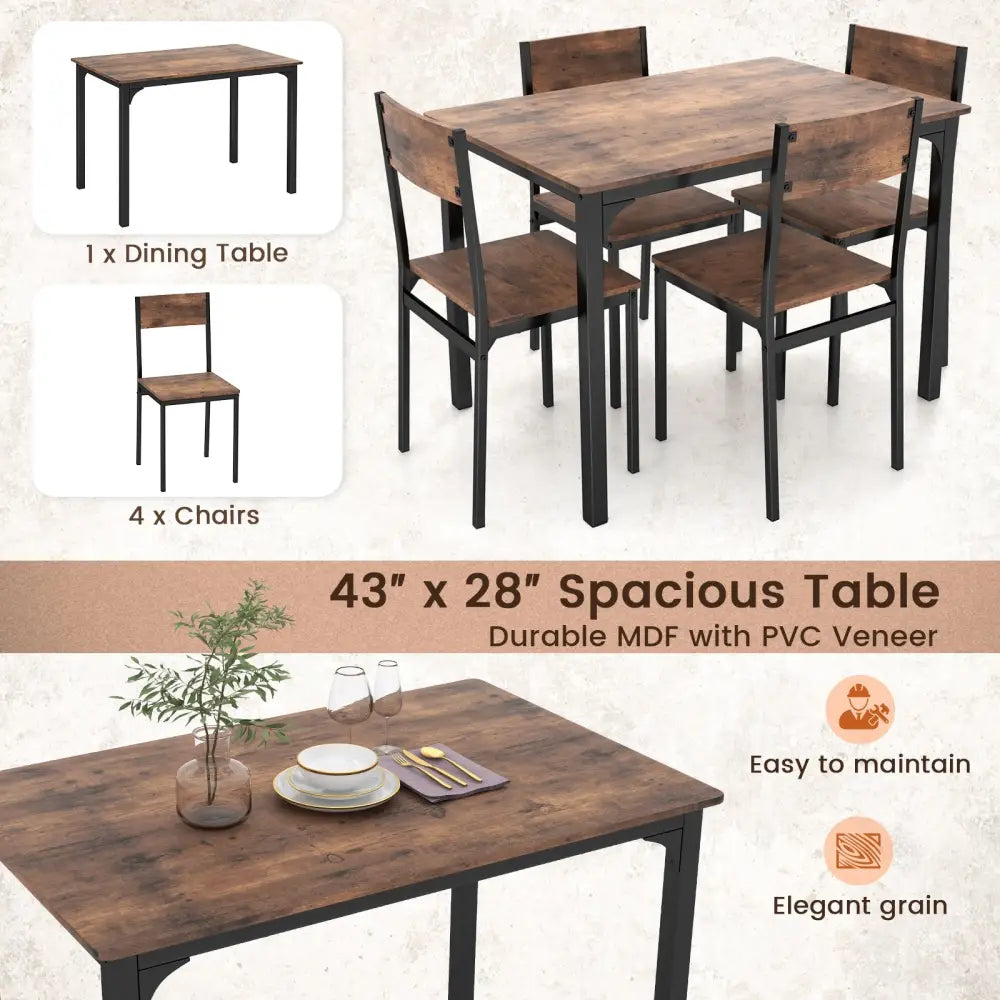 5 Piece Dining Table Set Industrial Style Kitchen Table and Chairs for 4-Rustic Brown - Rustic Brown - Dining Room Sets