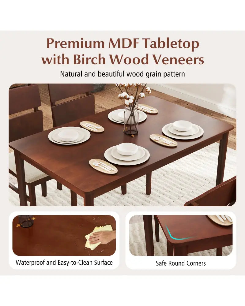 5-Piece Dining Table Set with High Curved Back for 4 People-Walnut - Walnut - Dining Room Sets