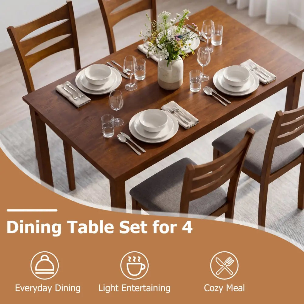 5-Piece Dining Table Set with Linen Fabric Upholstered Chairs and Solid Rubber Wood Frame for 4 People-Brown - Brown