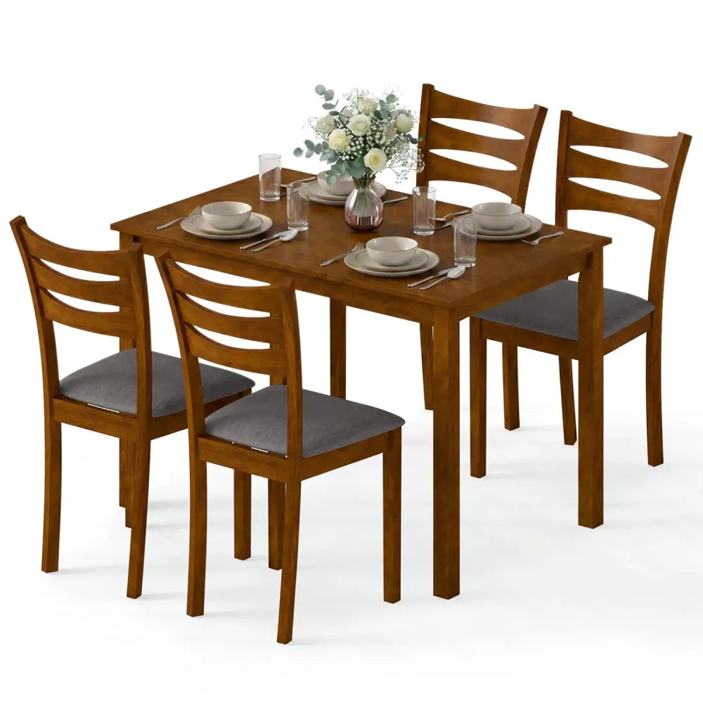 5-Piece Dining Table Set with Linen Fabric Upholstered Chairs and Solid Rubber Wood Frame for 4 People-Brown - Brown